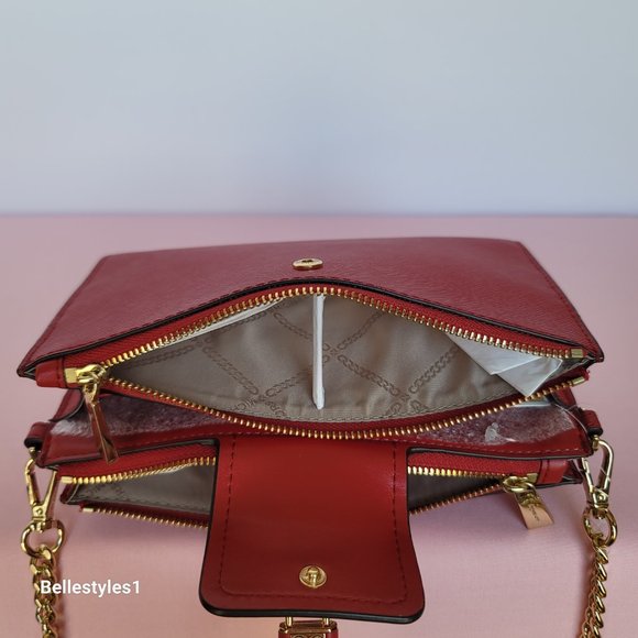 MICHAEL KORS Ruby Small Double-Zip Saffiano Leather Crossbody Bag- Crimson ⭐ - Picture 15 of 16